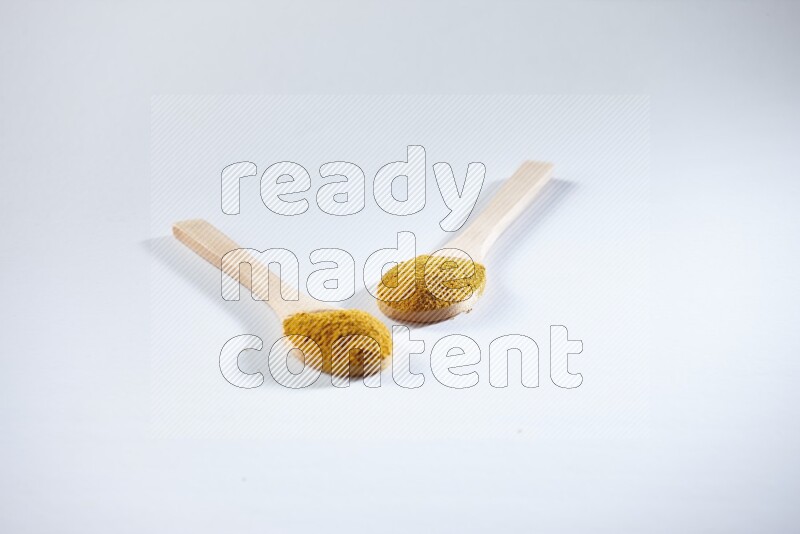 2 wooden spoons full of turmeric powder on white flooring