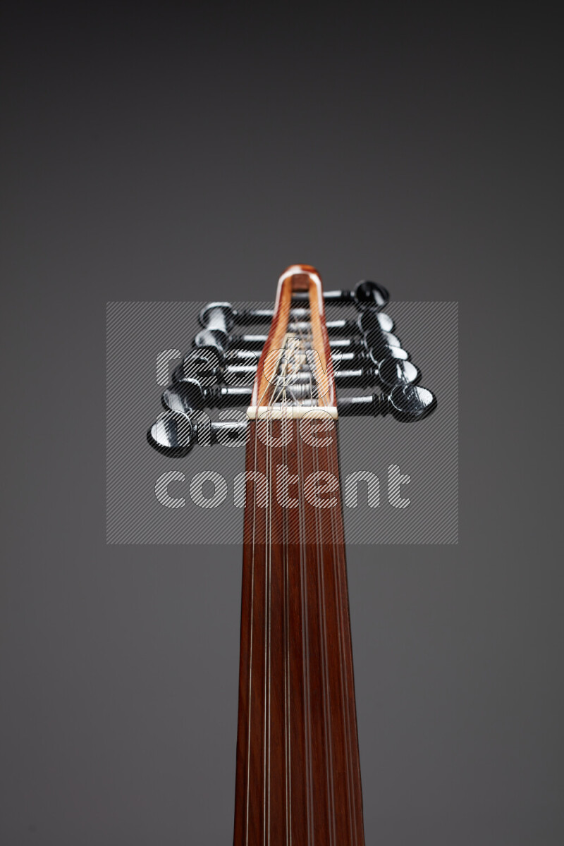 parts of a brown wooden Oud in a gray background