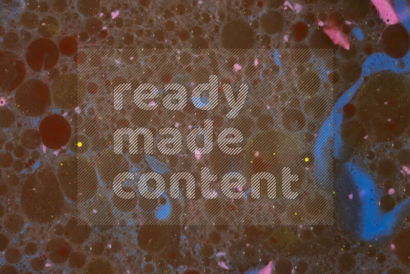 The image depicts a marbling effect with swirling patterns of pink, blue and brown