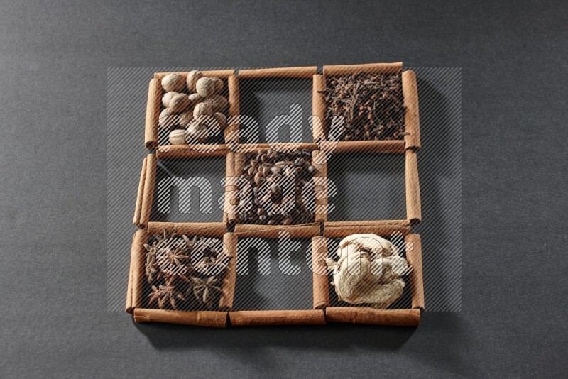 9 squares of cinnamon sticks full of coffee beans in the middle surrounded by nutmeg, dried mint, cloves, dried basil, dried ginger, cinnamon, star anise and cardamom on black flooring