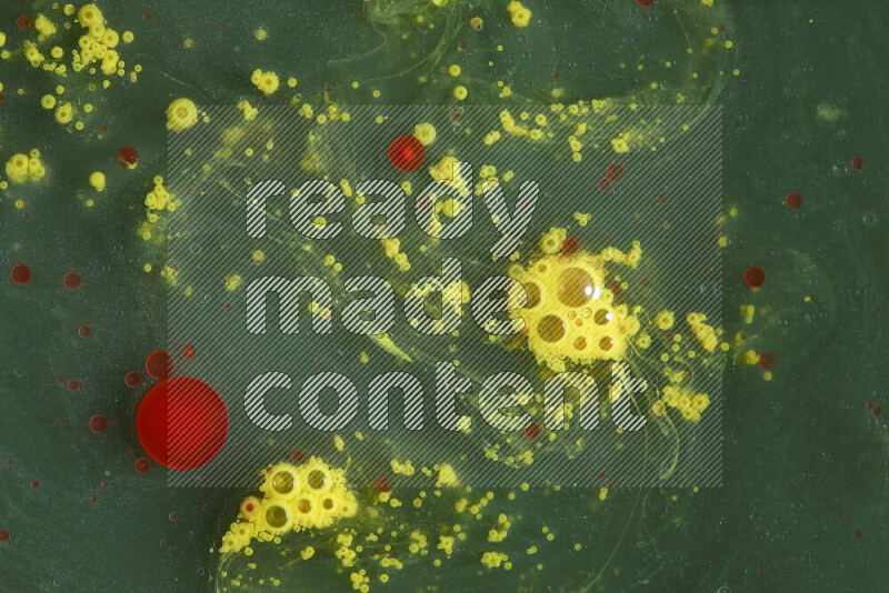 The image captures a dramatic splatter of red, green and yellow paints over the backdrop