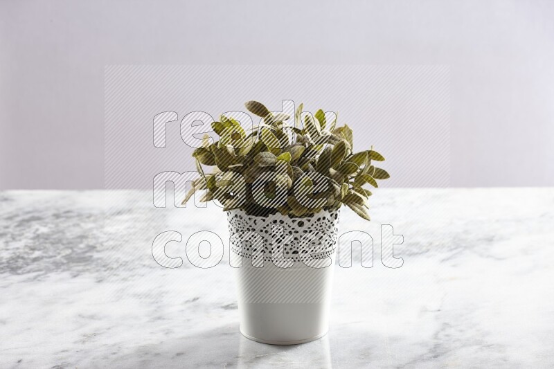 Green artificial plant in white decorative pot on grey marble background