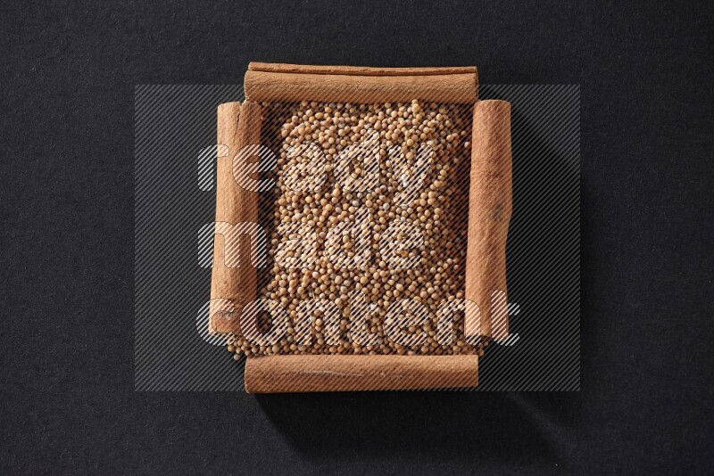A single square of cinnamon sticks full of mustard seeds on black flooring