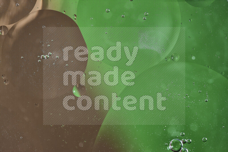 Close-ups of abstract oil bubbles on water surface in shades of green and brown