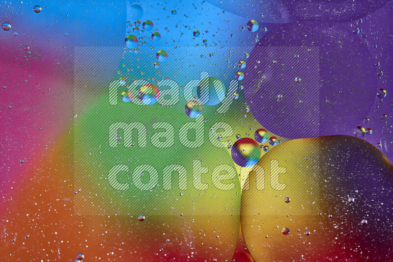 Close-ups of abstract oil bubbles on water surface in multicolors