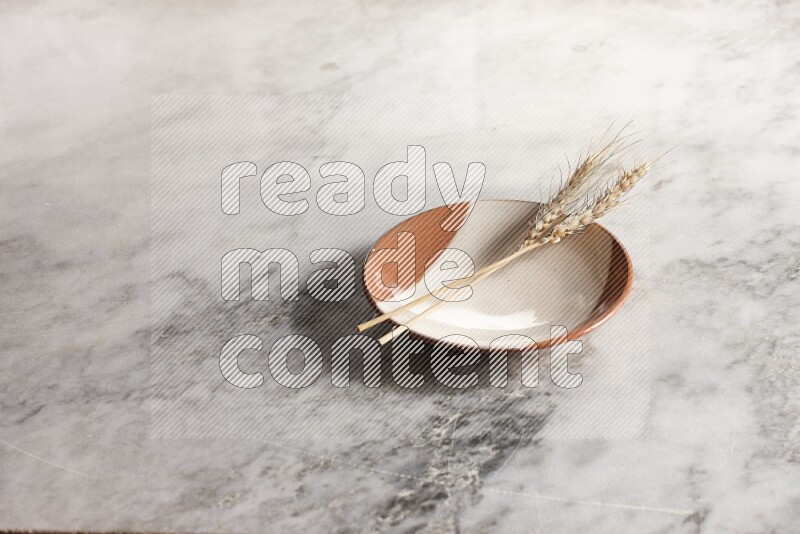 Wheat stalks on multicolored pottery plate on grey marble background