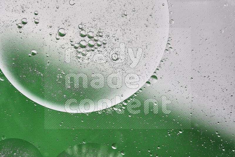 Close-ups of abstract oil bubbles on water surface in shades of white and green