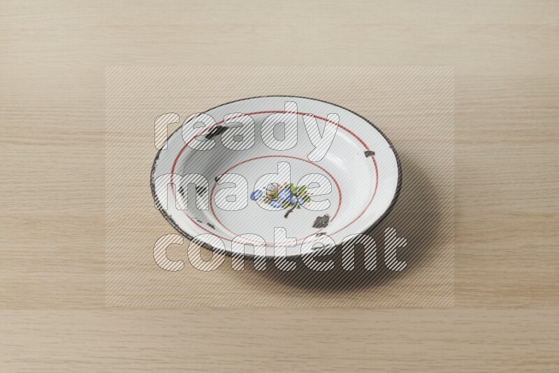 A vintage metal plate on light wooden background