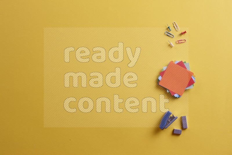 Multicolored sticky notes with school supplies on yellow background