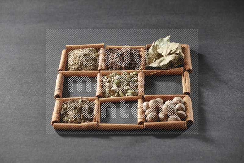 9 squares of cinnamon sticks full of cardamom in the middle surrounded by nutmeg, cinnamon, bay laurel leaves, cloves, cumin, dried ginger, dried basil and star anise on black flooring