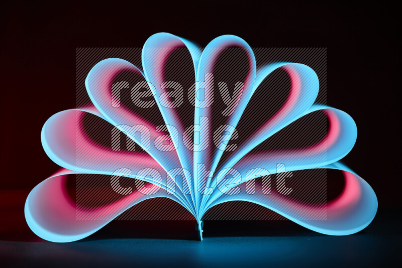 An abstract art piece displaying smooth curves in blue and pink gradients created by colored light