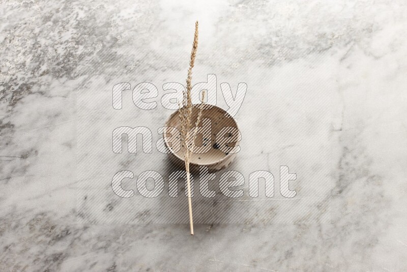 Wheat stalks on multicolored pottery bowl on grey marble background