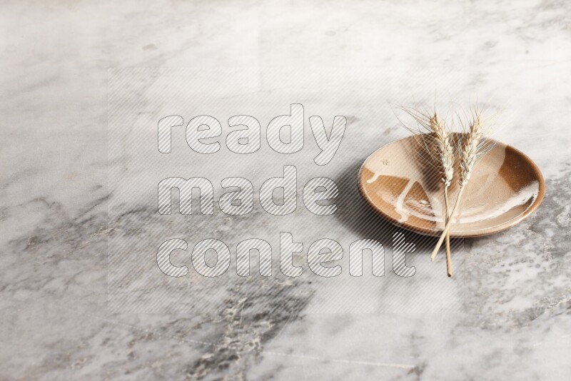 Wheat stalks on multicolored pottery plate on grey marble background