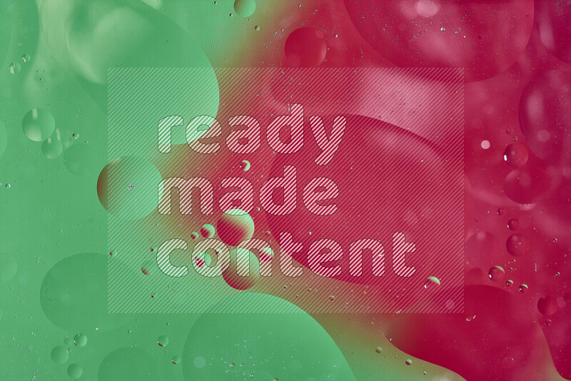 Close-ups of abstract oil bubbles on water surface in shades of green and red