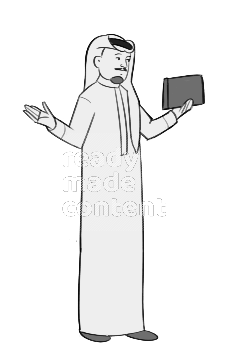 Saudi man holding a book standing different angles eye level