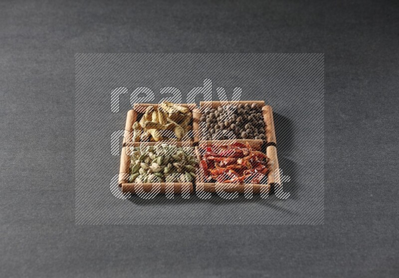 4 squares of cinnamon sticks full of cardamom, dried red chilis, allspice and turmeric fingers on black flooring