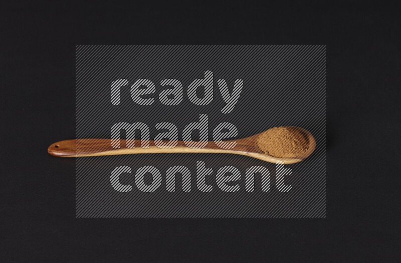 Cinnamon powder in a wooden ladle spoon on black background in different angles