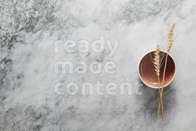 Wheat stalks on brown pottery bowl on grey marble background