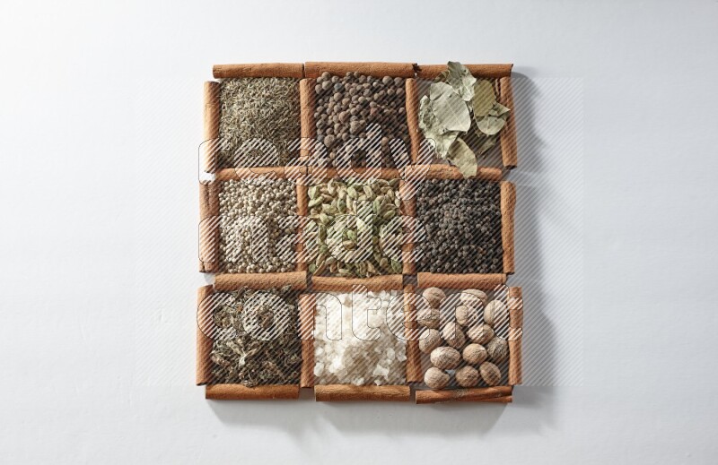 9 squares of cinnamon sticks full of cardamom in the middle surrounded by nutmeg, salt, dried basil, white pepper, cumin, allspice, bay laurel leaves and black pepper on white flooring