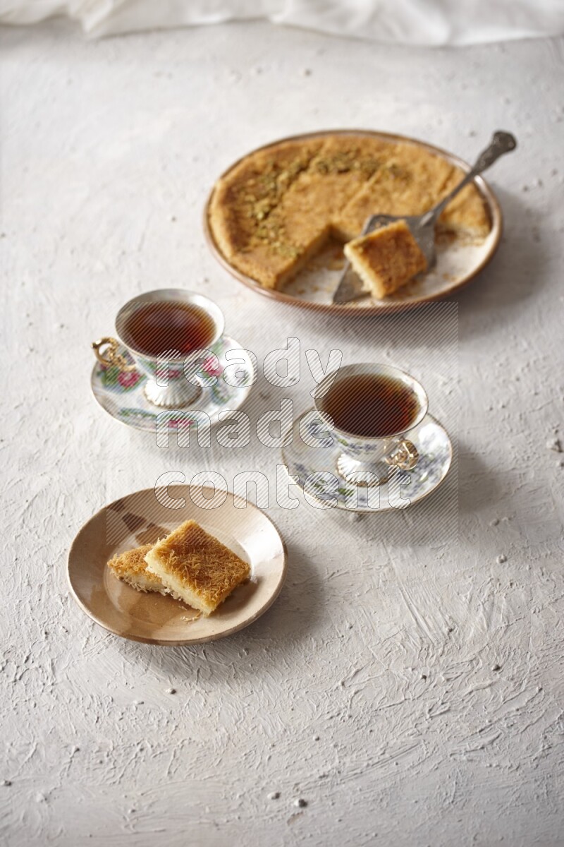 Konafa with tea in a light setup