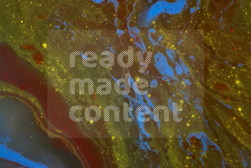 The image depicts a marbling effect with swirling patterns of red, blue and yellow