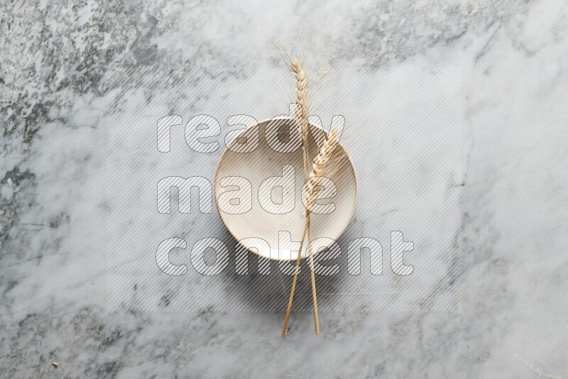 Wheat stalks on beige pottery plate on grey marble background