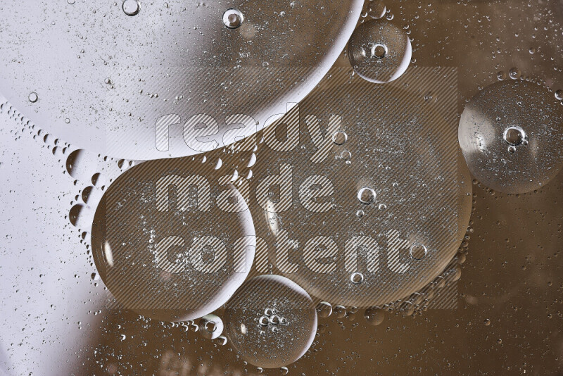 Close-ups of abstract oil bubbles on water surface in shades of white and brown