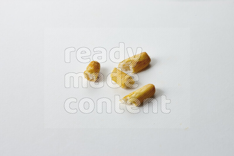 Assorted snacks on white background