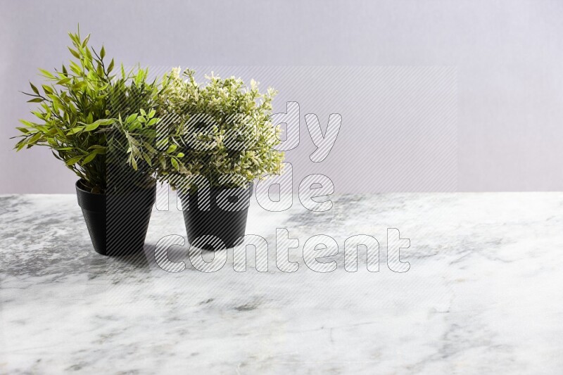 Two different green artificial plants in black pot on grey marble background