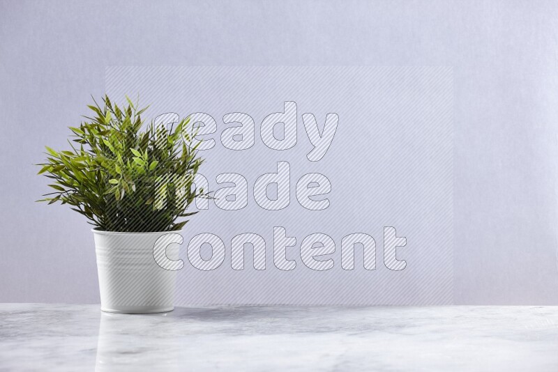 Green artificial plant in white pot on grey marble background
