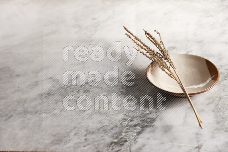 Wheat stalks on multicolored pottery plate on grey marble background
