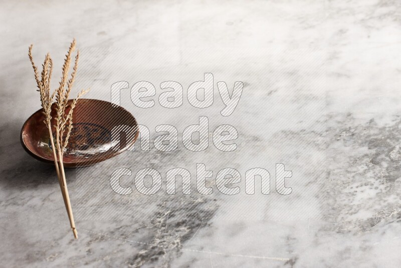 Wheat stalks on decorative pottery plate on grey marble background