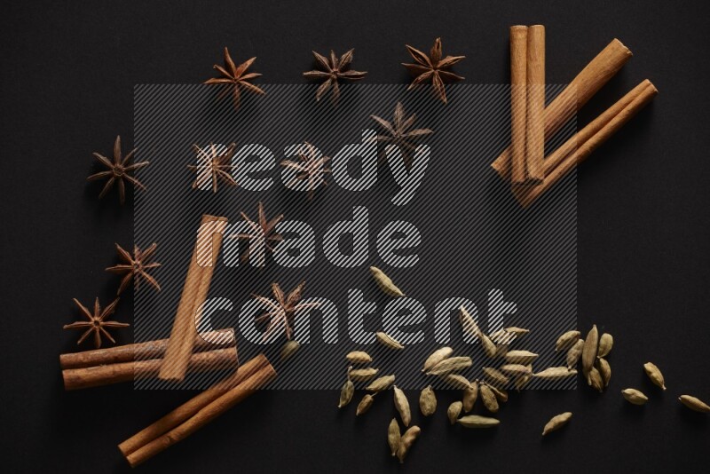 Cinnamon Sticks, Cardamom and star anise on a black background