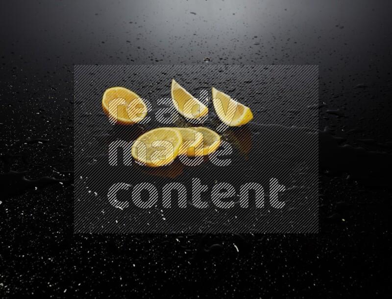 Lemon slices with water drops, and droplets on black background
