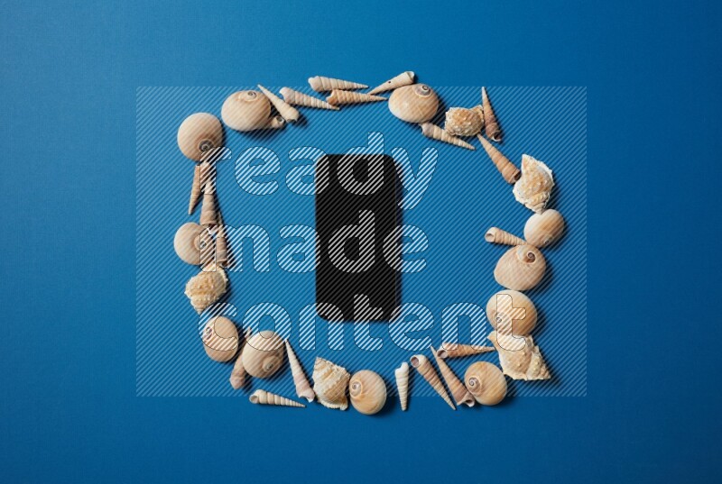 top view shot of phone with seashells on blue background