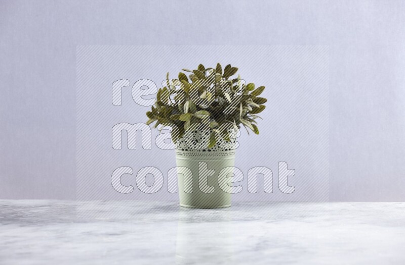 Artificial plant in green decorative pot on grey marble background