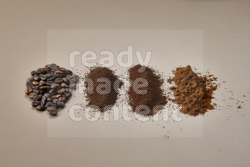 Assorted kinds of coffee such as roasted beans and ground on beige background