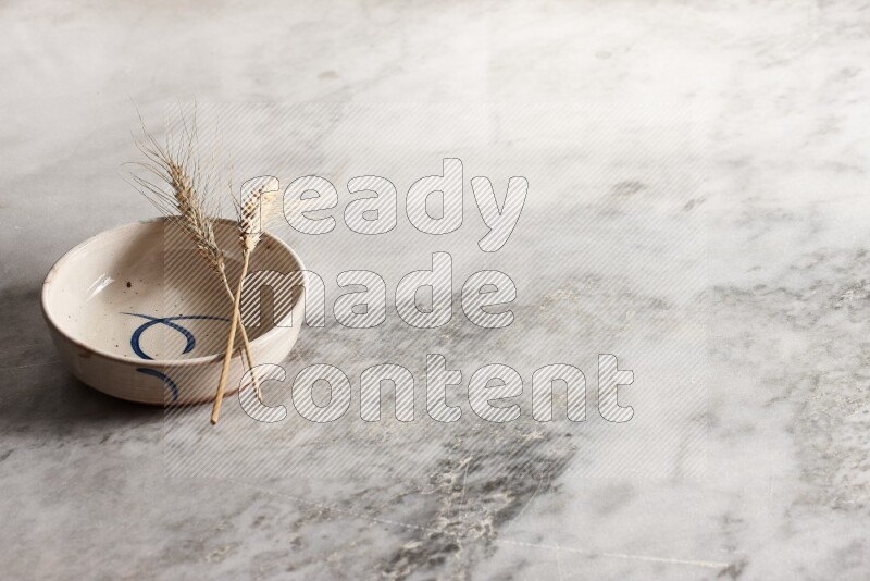 Wheat stalks on multicolored pottery bowl on grey marble background