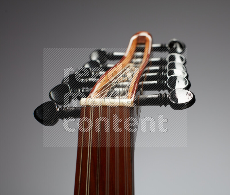 parts of a brown wooden Oud in a gray background