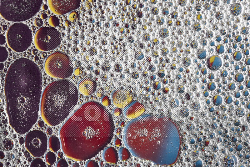 Close-ups of abstract soap bubbles and water droplets on multicolored background