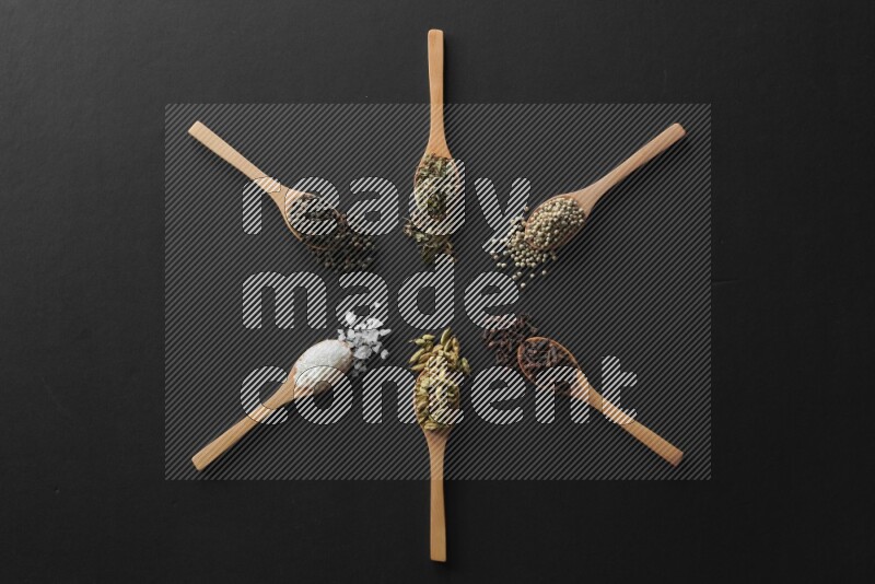 wooden spoons filled with white peppers, cloves, cardamom, salt, black peppers and basil on black flooring and shaped like a clock