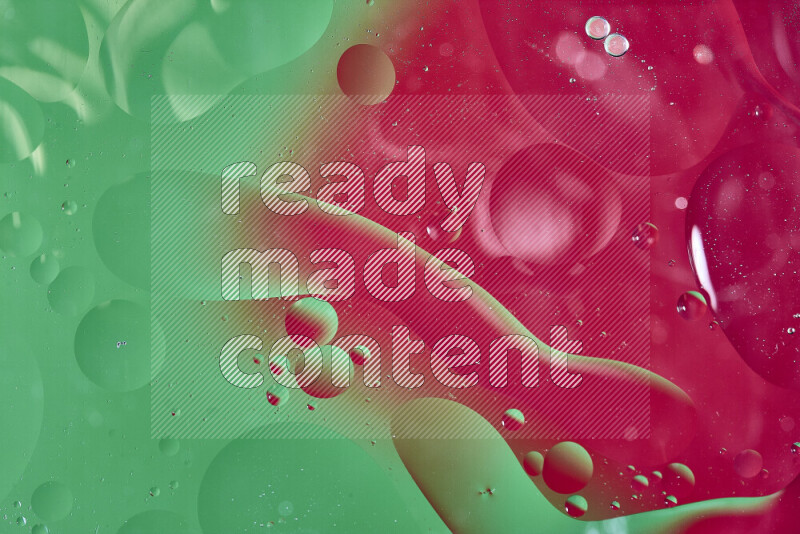 Close-ups of abstract oil bubbles on water surface in shades of green and red