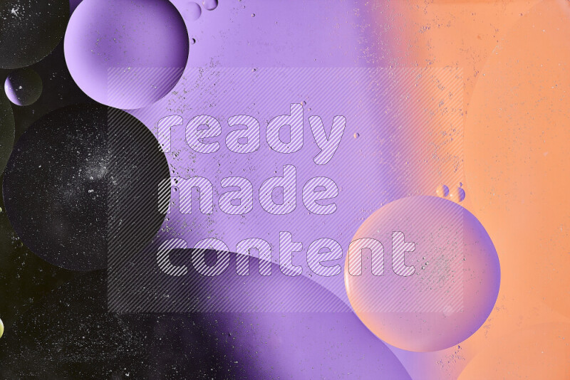 Close-ups of abstract oil bubbles on water surface in shades of black, orange and purple