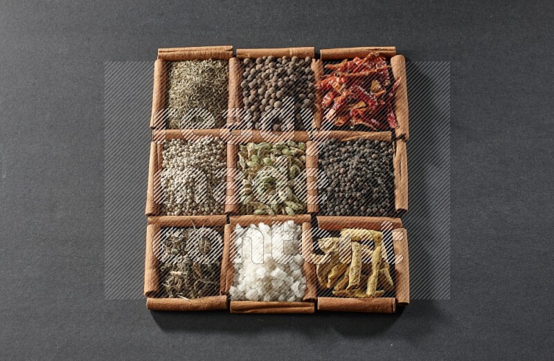 9 squares of cinnamon sticks full of cardamom in the middle surrounded by turmeric fingers, black pepper, chilis, allspice, cumin, white pepper, dried basil and salt on black flooring