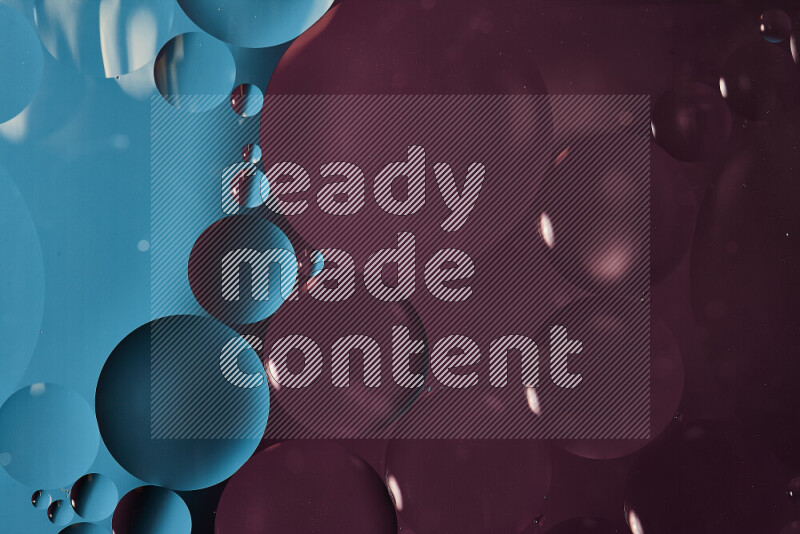 Close-ups of abstract oil bubbles on water surface in shades of blue and purple