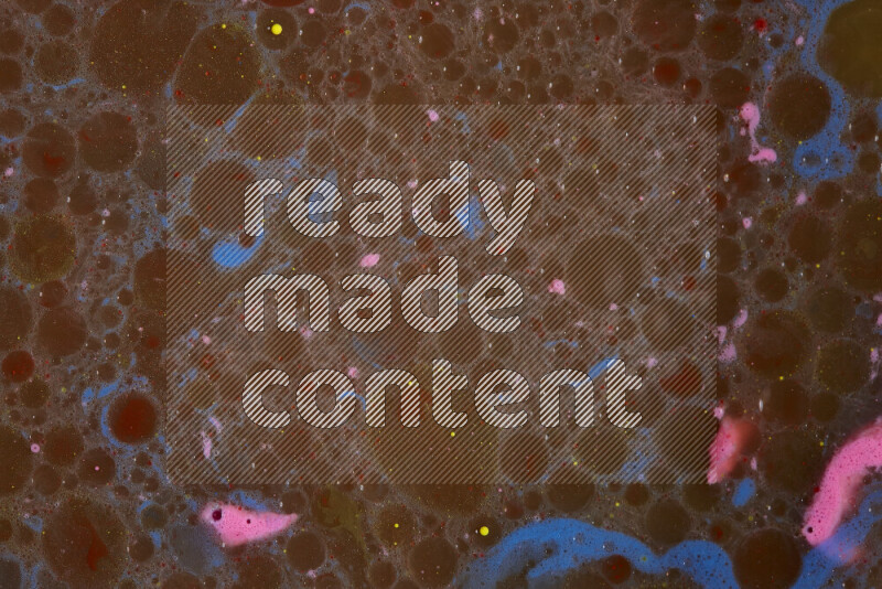 The image depicts a marbling effect with swirling patterns of pink, blue and brown