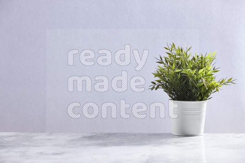 Green artificial plant in white pot on grey marble background