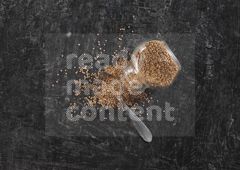 وعاء زجاجي وملعقة معدنية كلاهما ممتلئ ببذور الخردل والوعاء مقلوب مع بذور متناثرة على أرضية سوداء