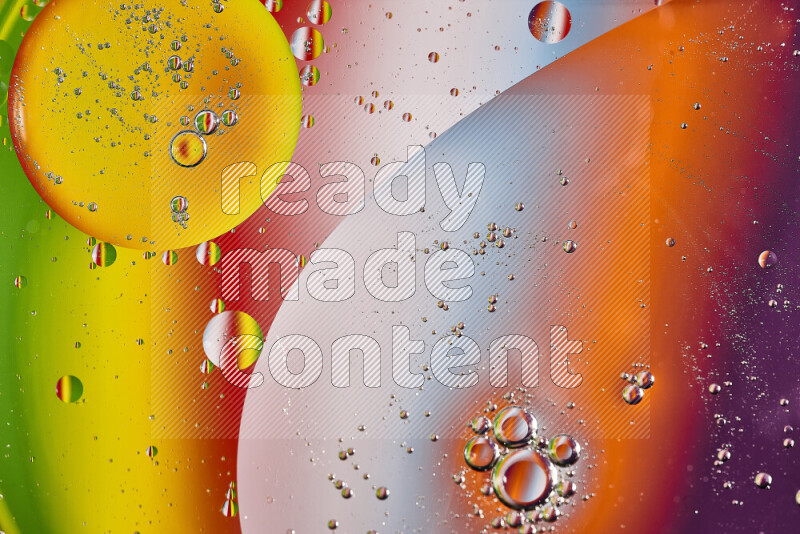 Close-ups of abstract oil bubbles on water surface in multicolors
