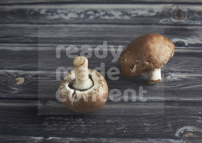 45 degree Cremini  mushrooms on a textured grey background